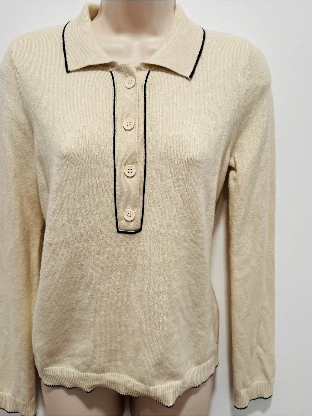 Max Studio London Ivory Black Trim Polo Knit Sweater M